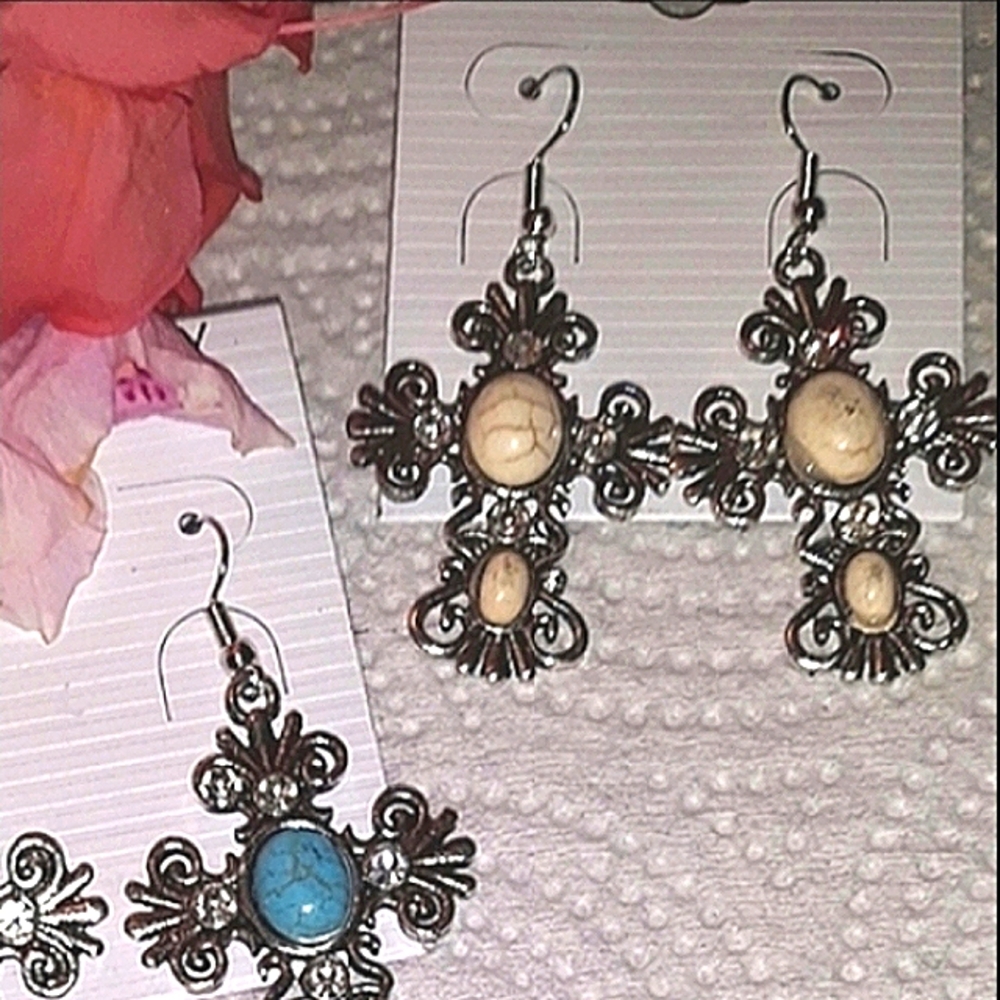 Silver Cross Earrings IVORY  semi-precious stone crackle beads on ss ear wires